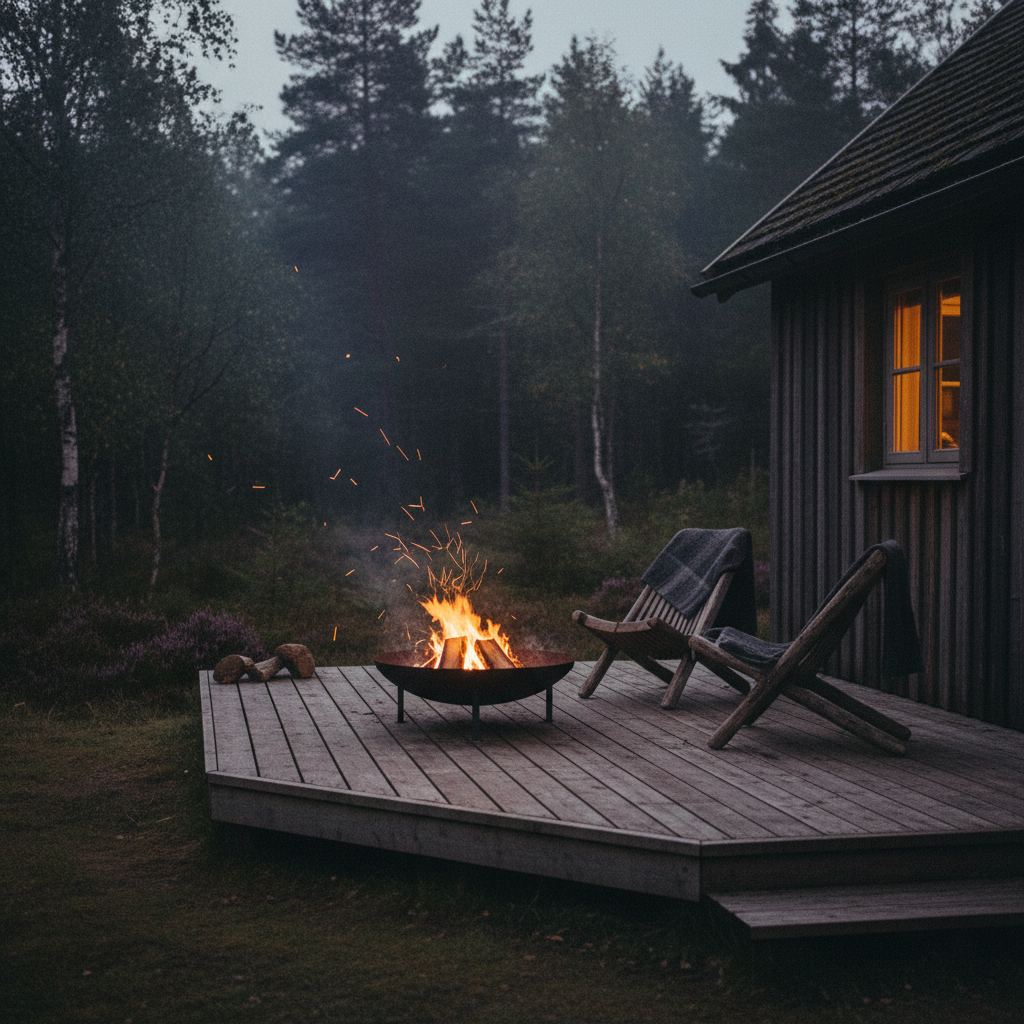 Fire pit glowing on the deck of a UK woodland lodge at dusk