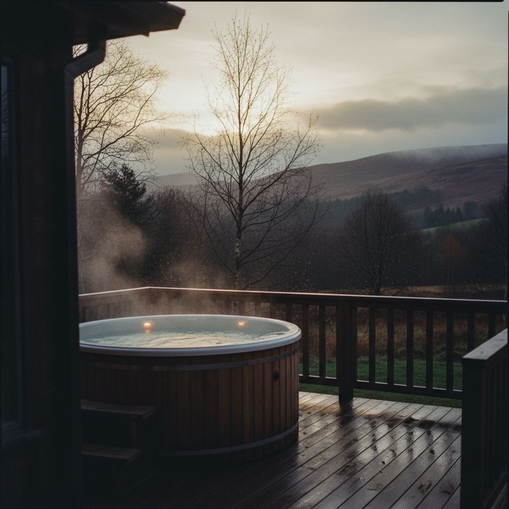 A private hot tub steaming on a Lake District lodge deck at dusk in autumn