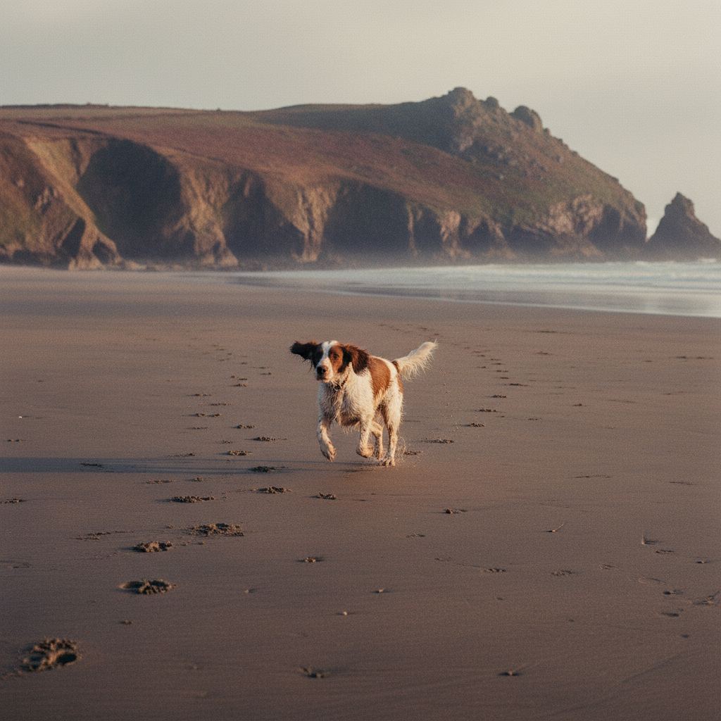 A wet spaniel running along an empty Cornish beach at low tide