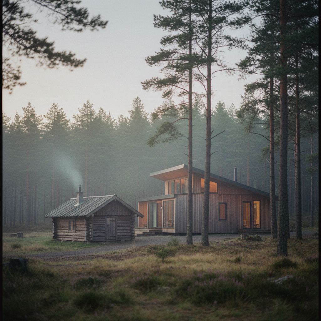 A small log cabin beside a larger timber lodge in Scottish woodland at dusk