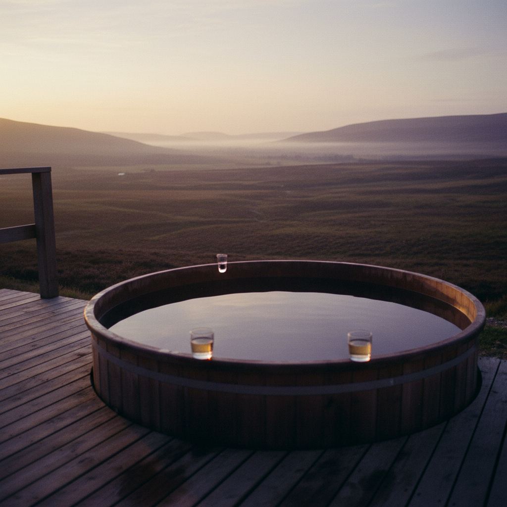 A private hot tub for two on a secluded Yorkshire cabin deck at dusk