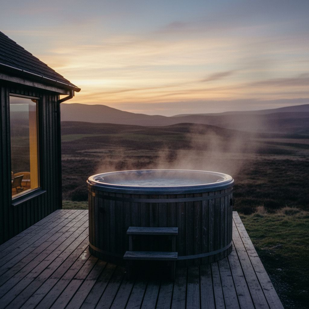 A steaming private hot tub on a lodge deck under a darkening sky