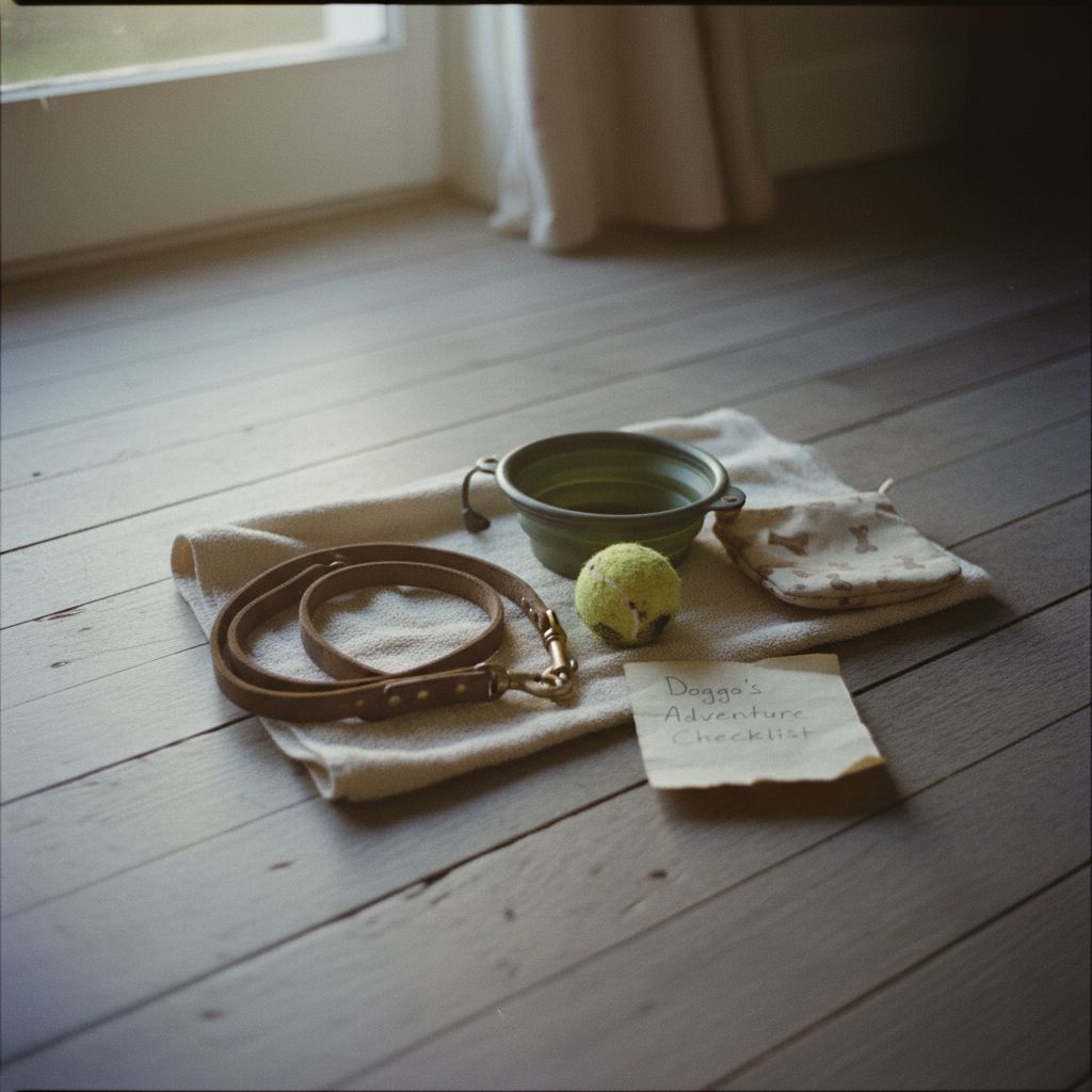 Dog holiday kit laid out on floorboards: towel, lead, travel bowl and ball