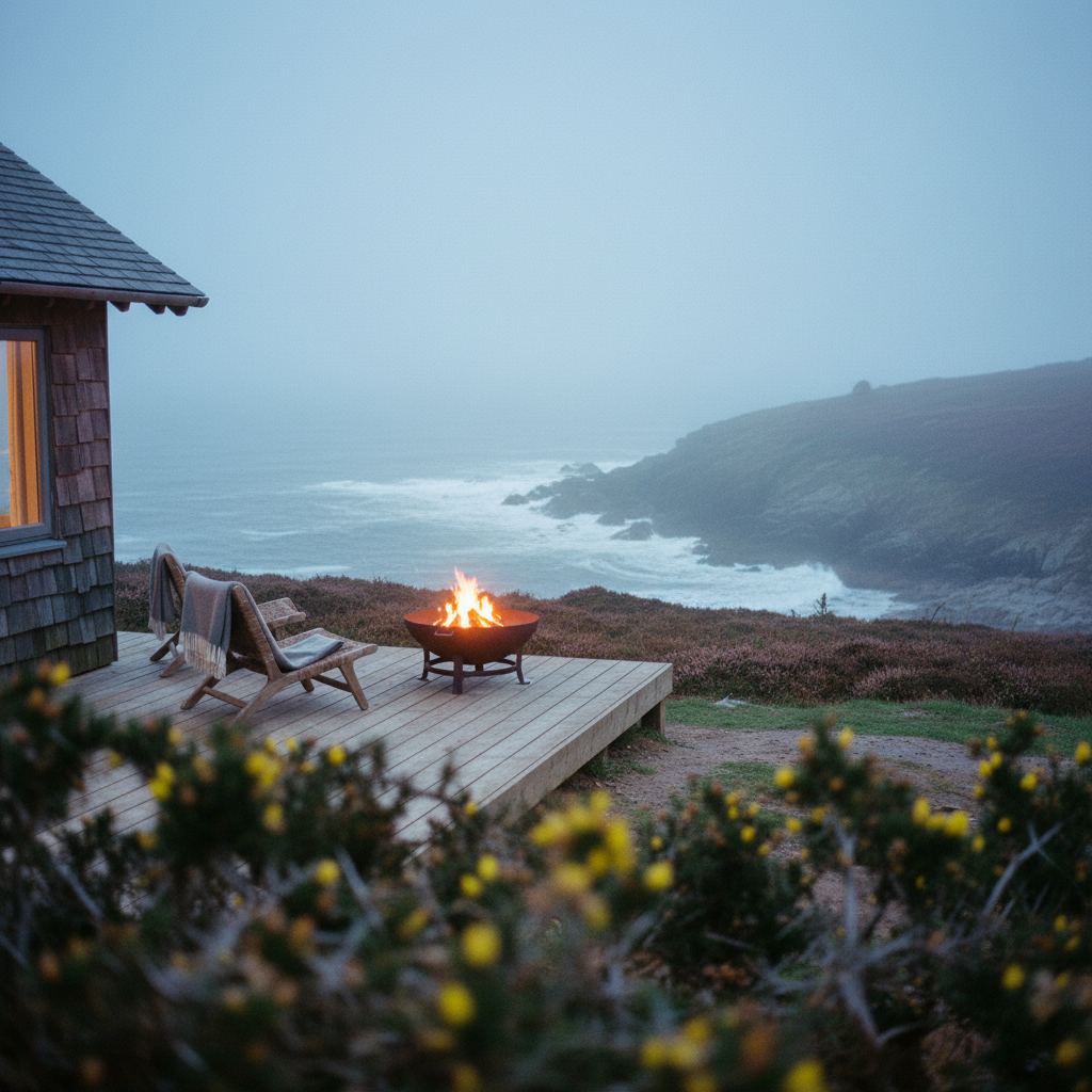Cornwall landscape at dusk — coast paths, cream teas and surf — home of hand-picked fire pit lodges