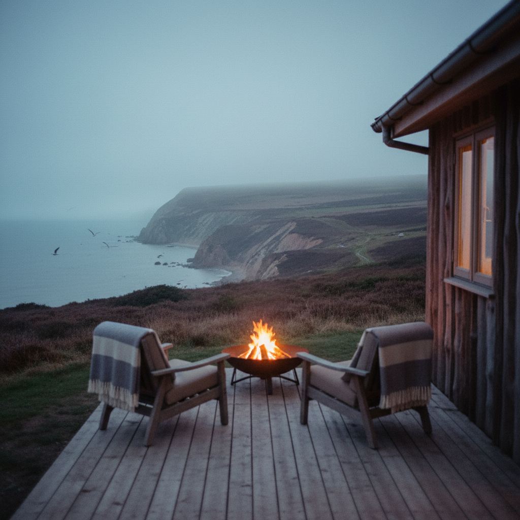 Dorset landscape at dusk — the Jurassic Coast — home of hand-picked fire pit lodges