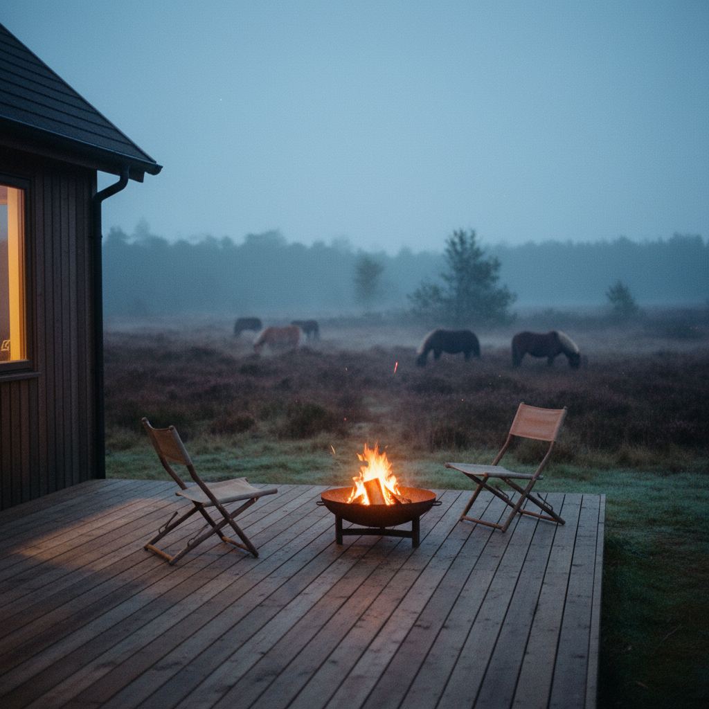 The New Forest landscape at dusk — ponies, heath and woodland — home of hand-picked fire pit lodges