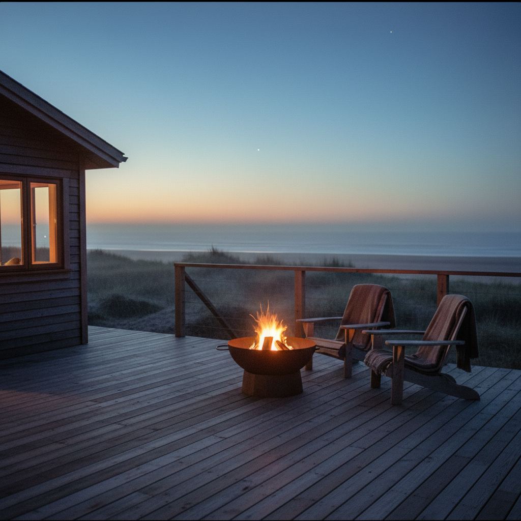 Northumberland landscape at dusk — empty beaches and dark skies — home of hand-picked fire pit lodges