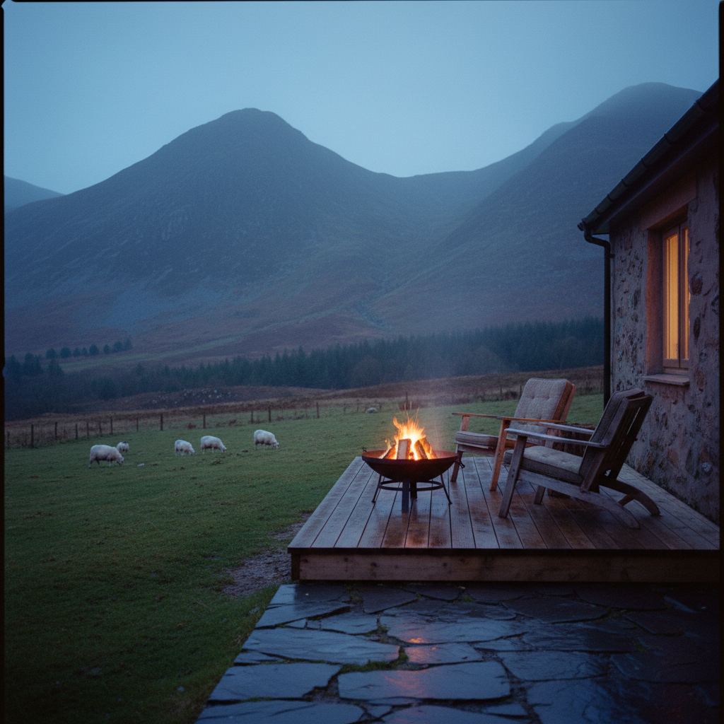 Wales landscape at dusk — mountains, castles and coast — home of hand-picked fire pit lodges