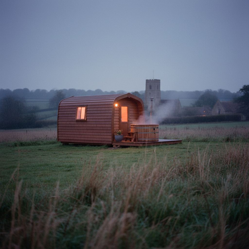 The Cotswolds landscape at dusk — honey-stone villages — home of hand-picked glamping pods