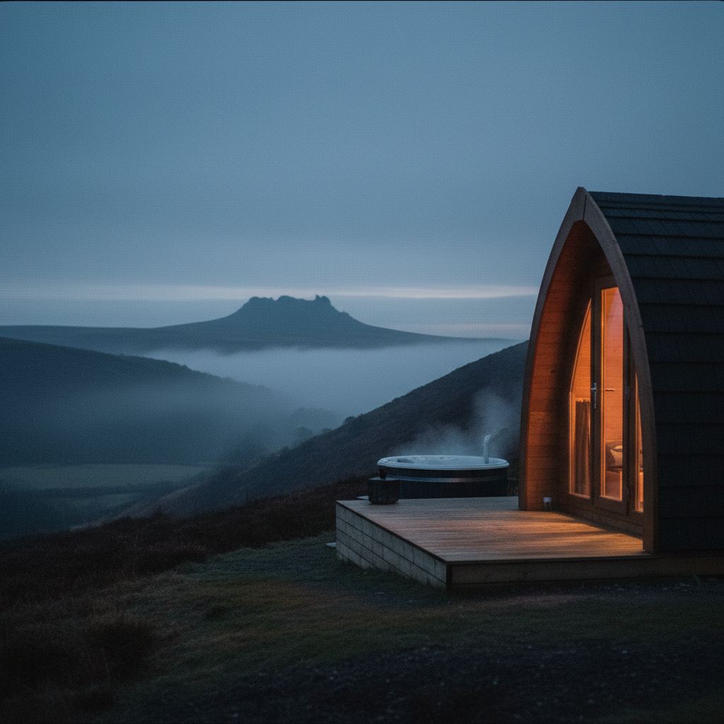 Devon landscape at dusk — two coasts and Dartmoor — home of hand-picked glamping pods
