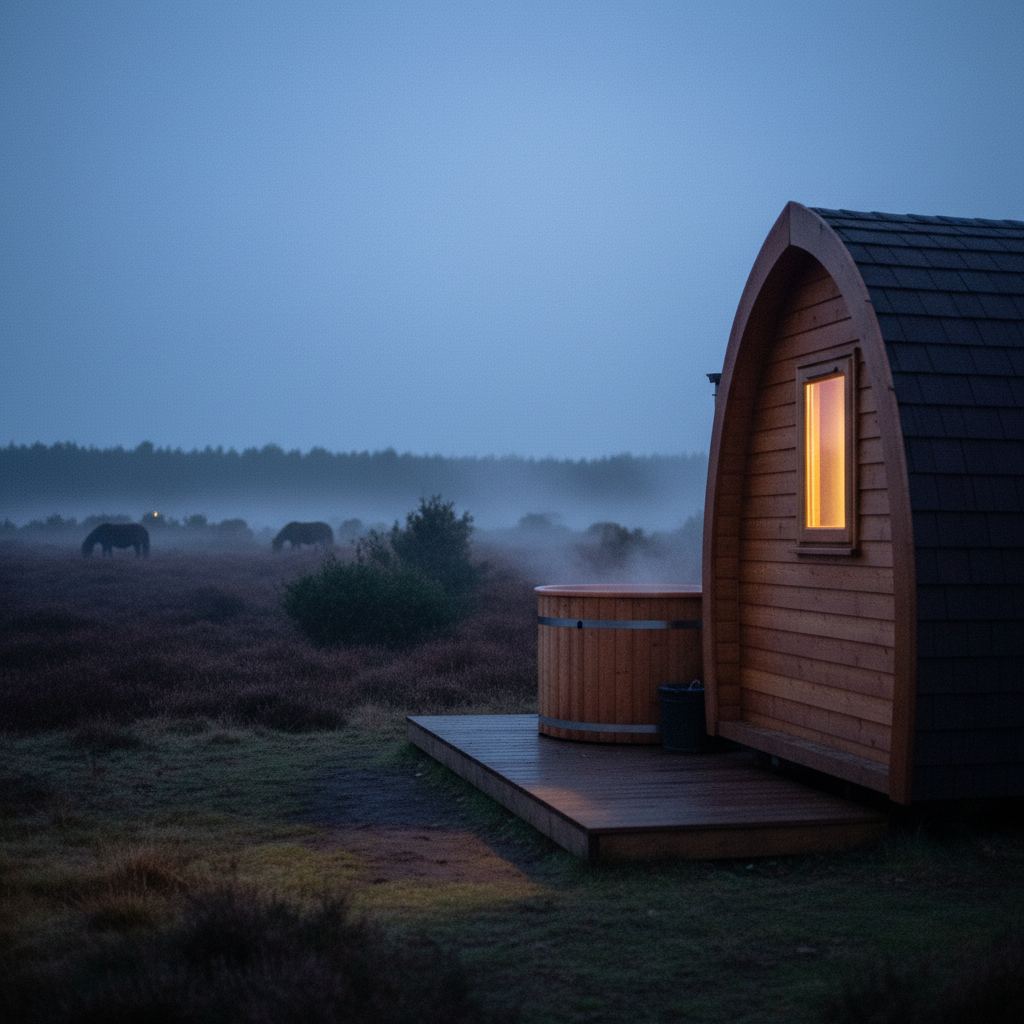 The New Forest landscape at dusk — ponies, heath and woodland — home of hand-picked glamping pods