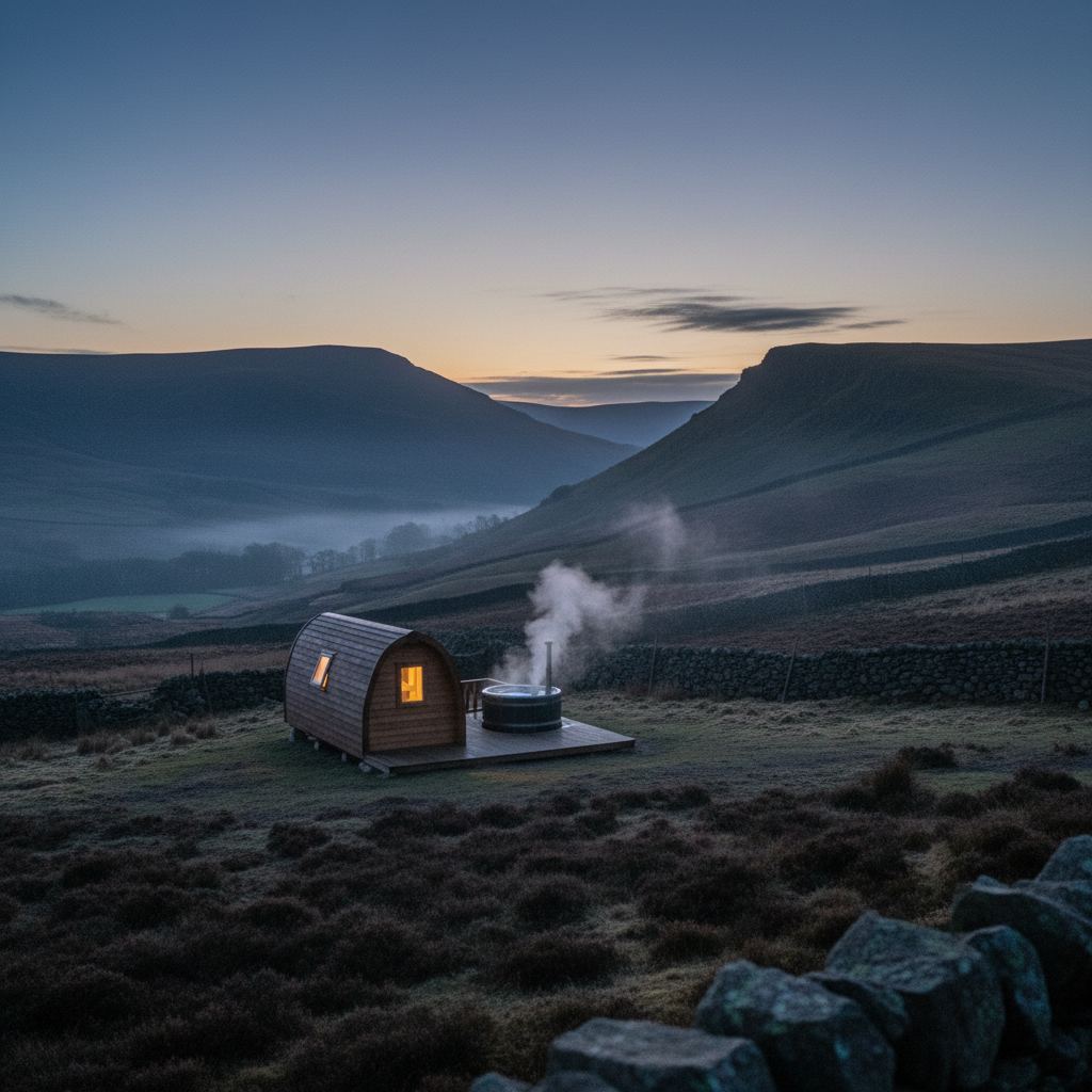 The Peak District landscape at dusk — dales, edges and market towns — home of hand-picked glamping pods