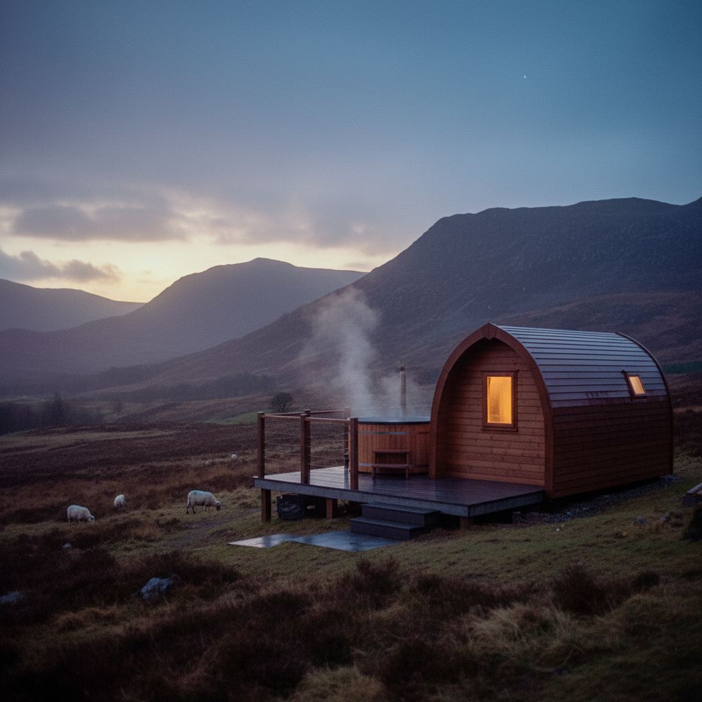 Wales landscape at dusk — mountains, castles and coast — home of hand-picked glamping pods