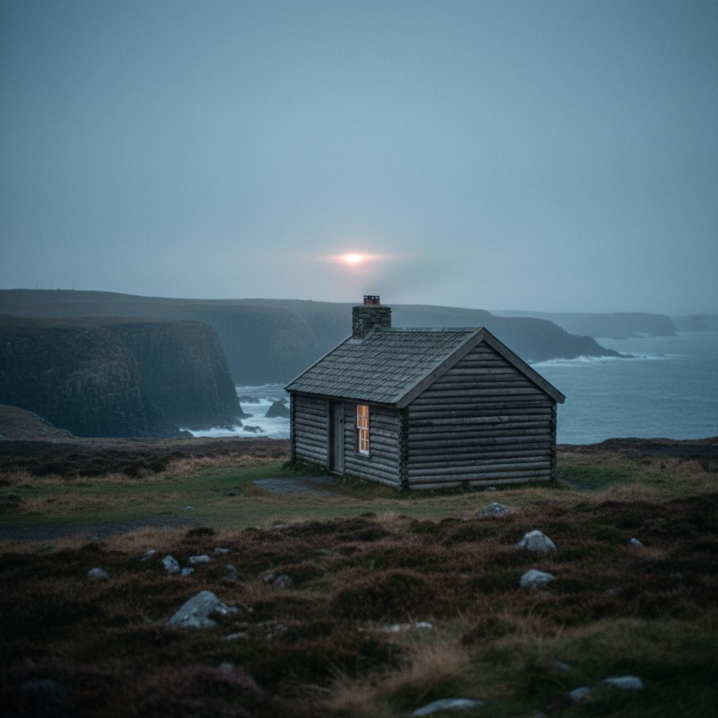 Northern Ireland landscape at dusk — the Causeway Coast, loughs and glens — home of hand-picked log cabins