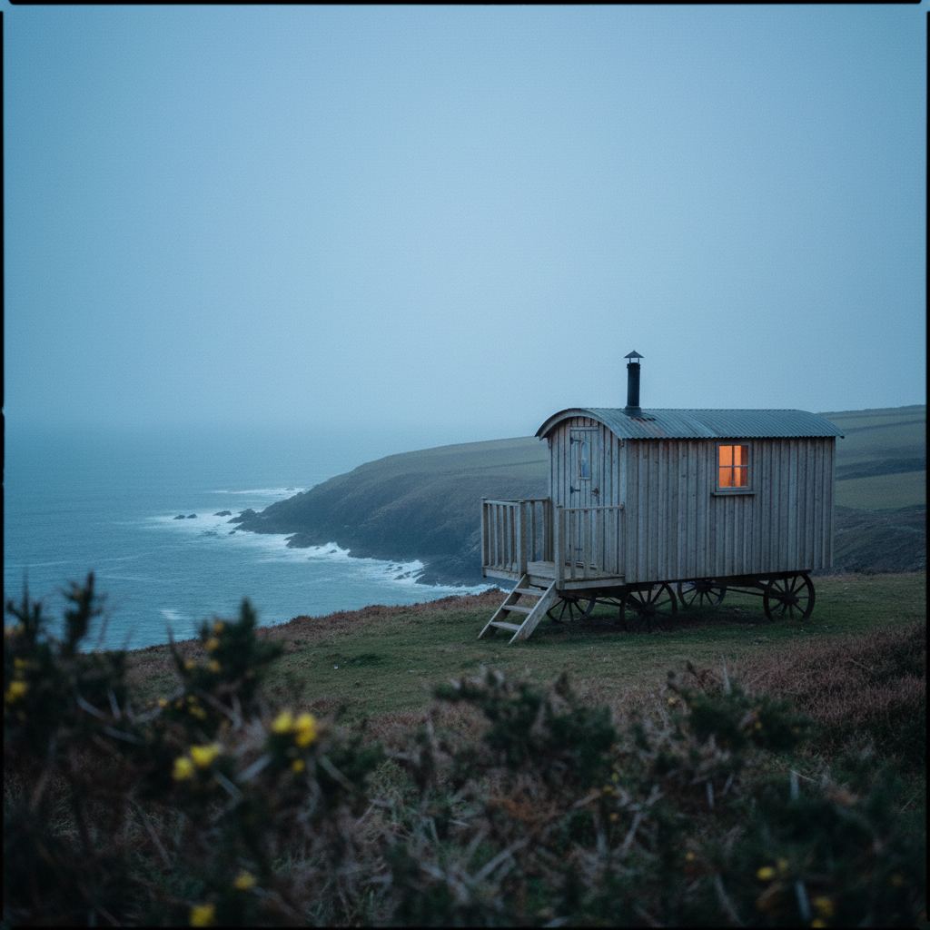 Cornwall landscape at dusk — coast paths, cream teas and surf — home of hand-picked shepherd’s huts