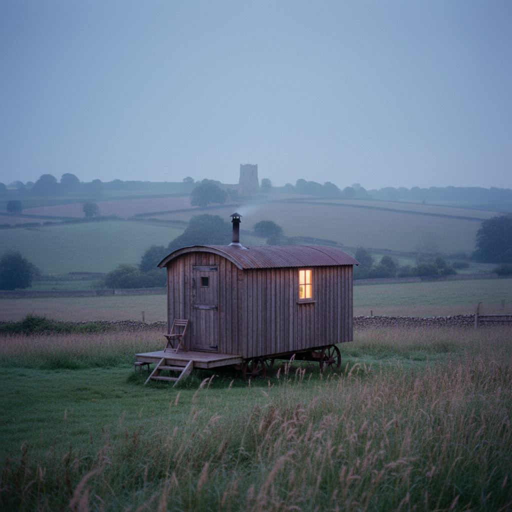 The Cotswolds landscape at dusk — honey-stone villages — home of hand-picked shepherd’s huts
