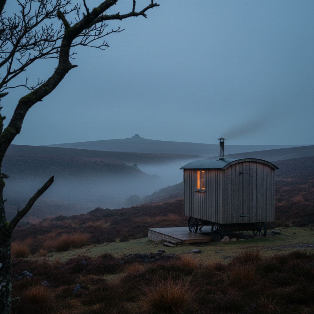 Devon landscape at dusk — two coasts and Dartmoor — home of hand-picked shepherd’s huts