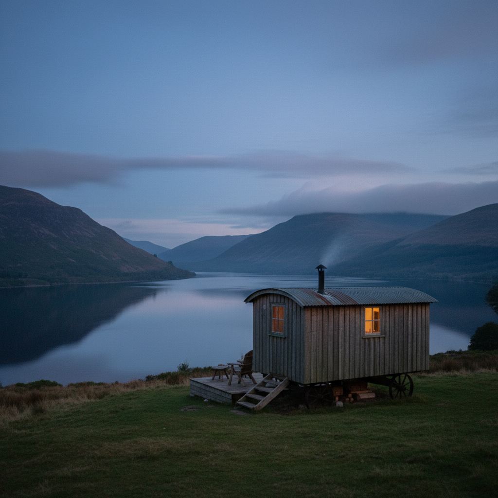The Lake District landscape at dusk — fells, lakes and pubs — home of hand-picked shepherd’s huts