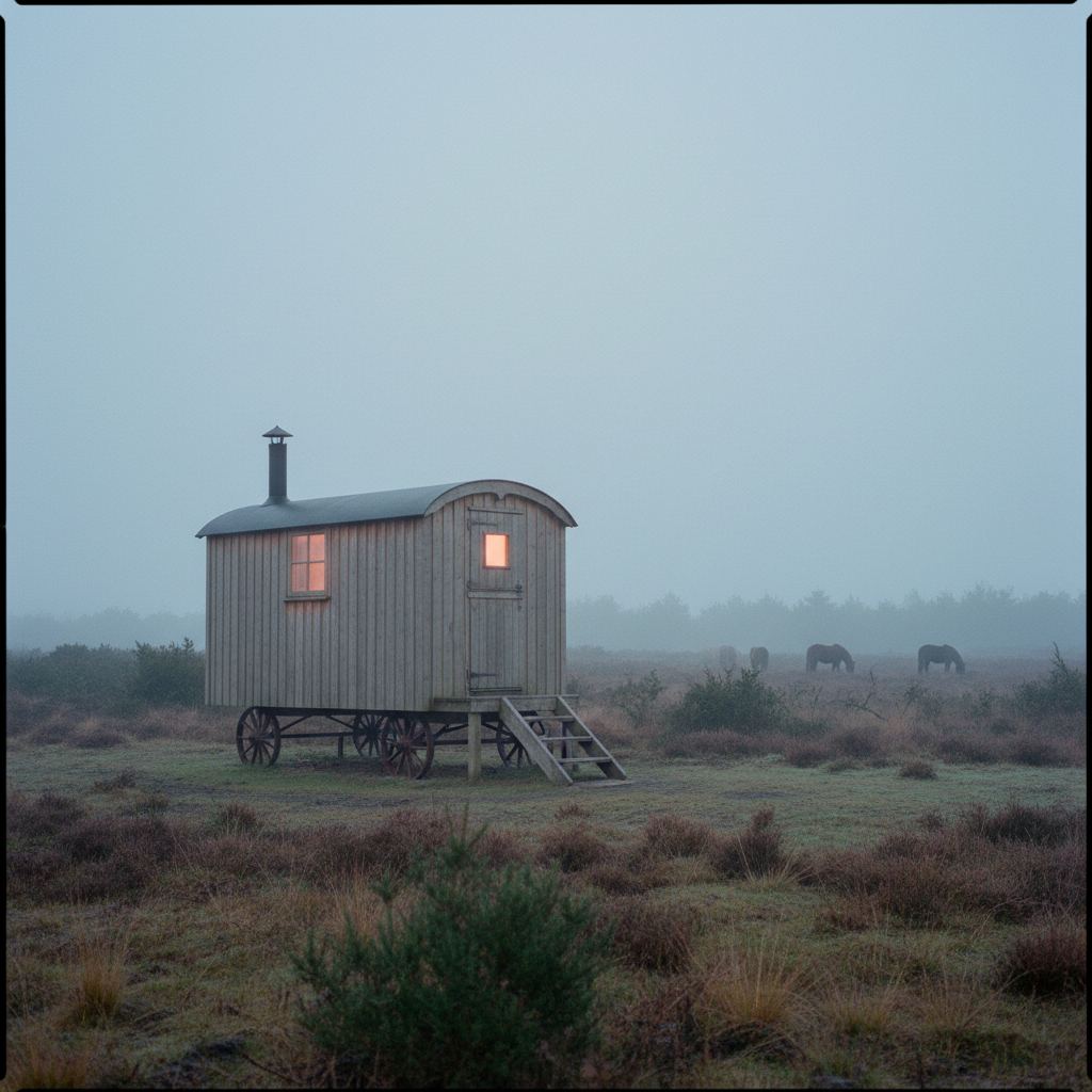 The New Forest landscape at dusk — ponies, heath and woodland — home of hand-picked shepherd’s huts