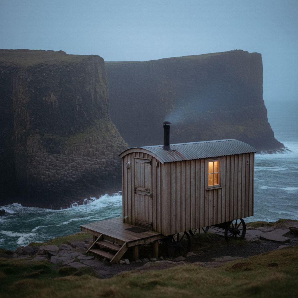 Northern Ireland landscape at dusk — the Causeway Coast, loughs and glens — home of hand-picked shepherd’s huts