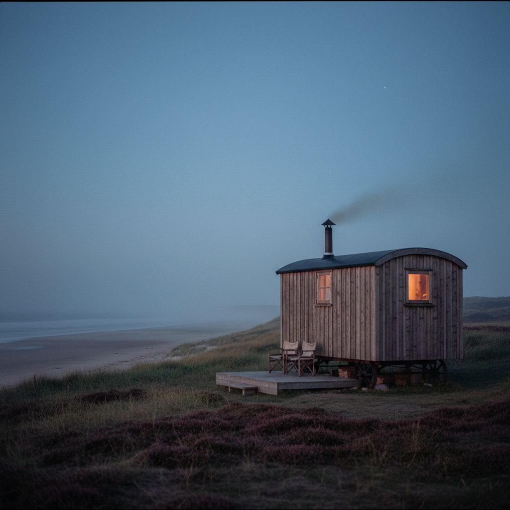 Northumberland landscape at dusk — empty beaches and dark skies — home of hand-picked shepherd’s huts