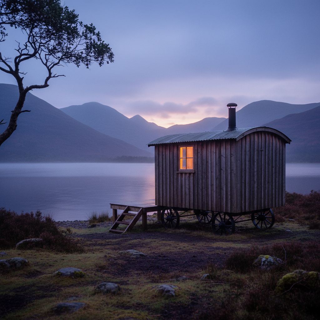 Scotland landscape at dusk — lochs, glens and big skies — home of hand-picked shepherd’s huts
