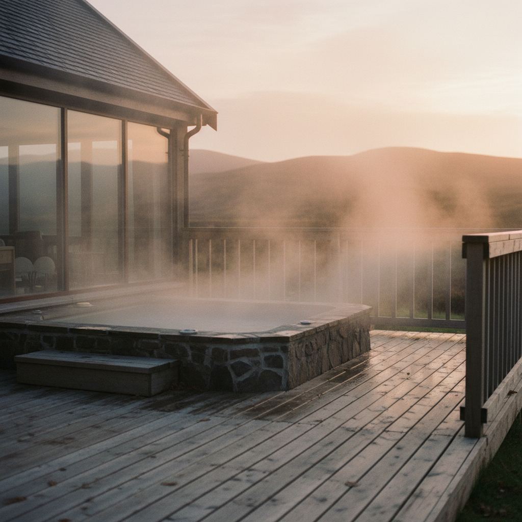 Steam rising off a private hot tub with the Cornish coast in the distance
