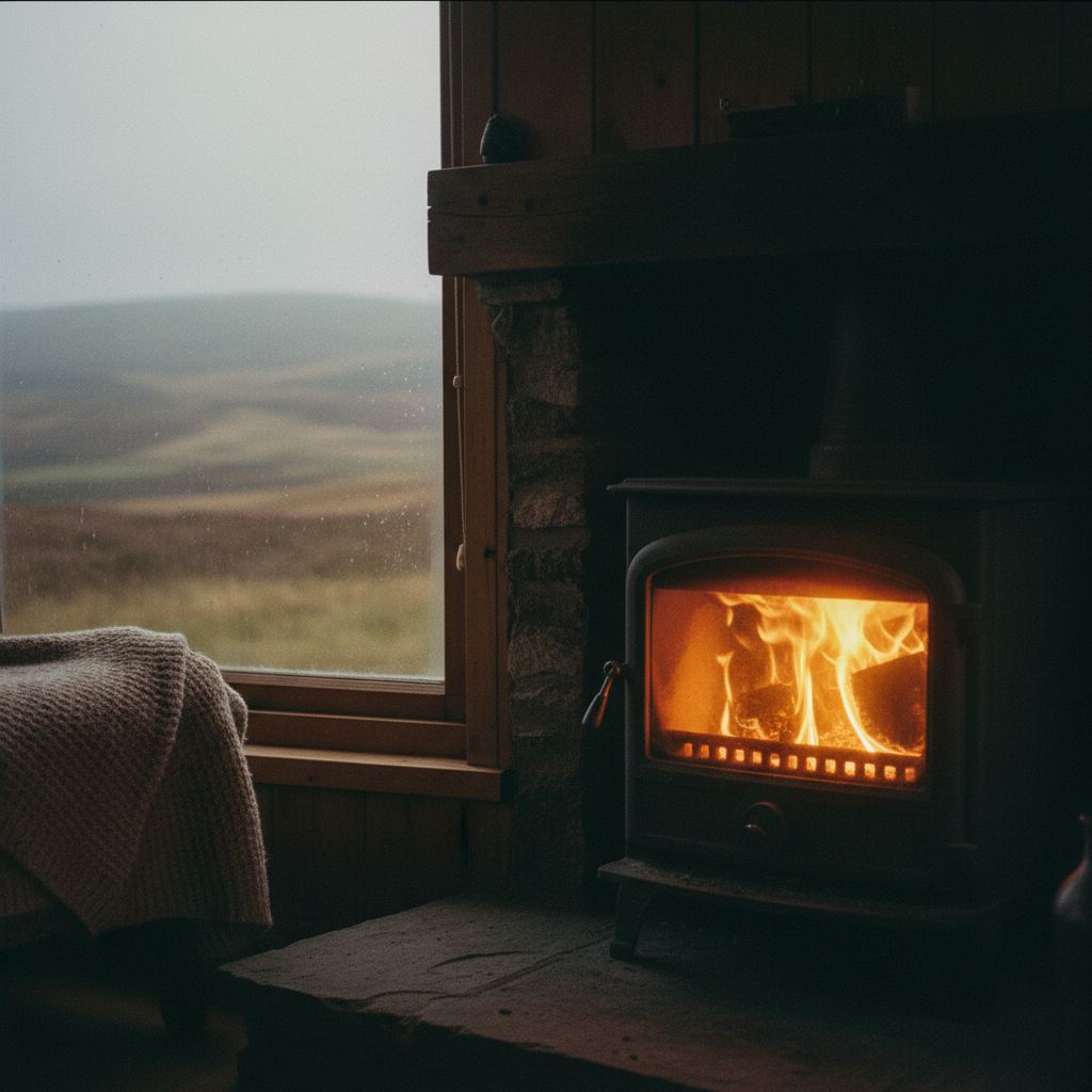 Glow of a wood burner through a cabin window on a cold winter evening